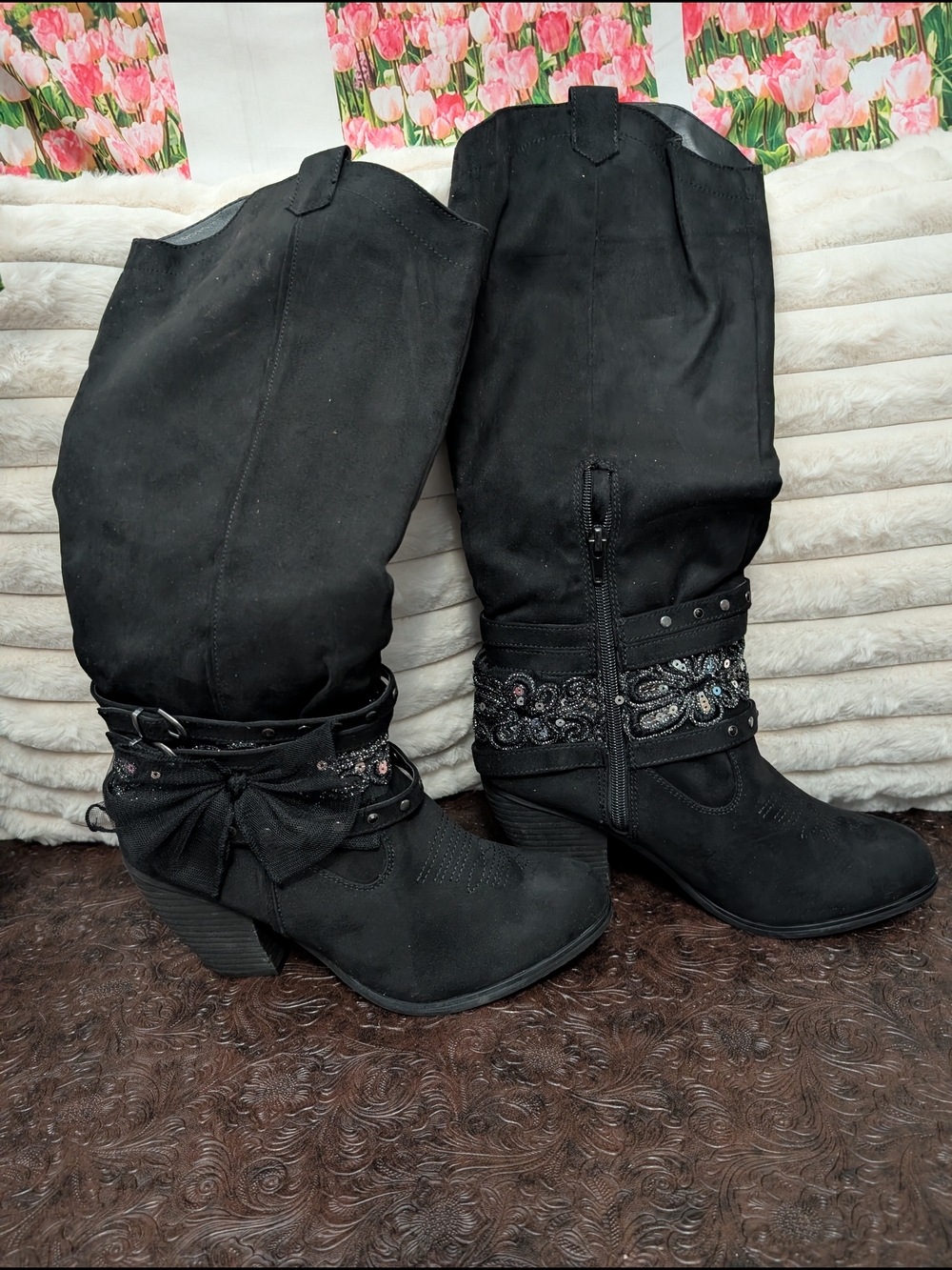 Not Rated Black Embellished Mid-Calf Heeled Boots